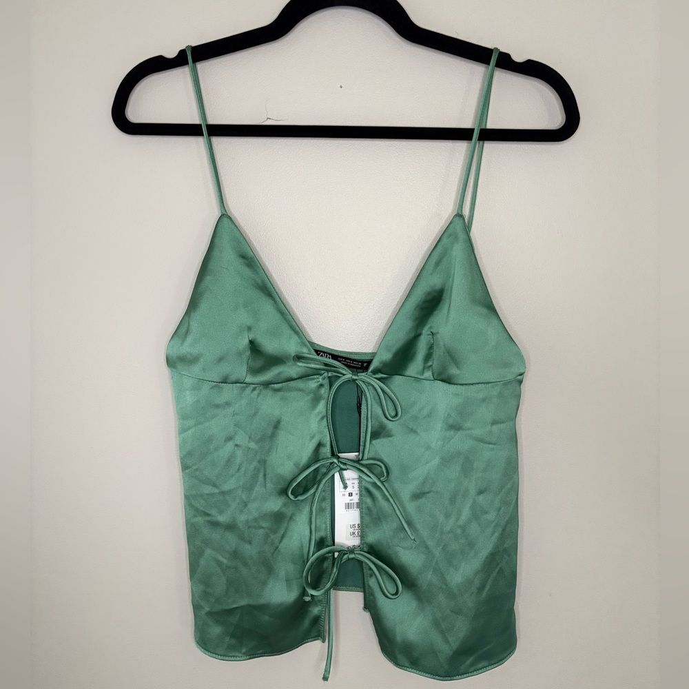 ZARA Satin Tie Front Cami Top Sage Green Size S NWT